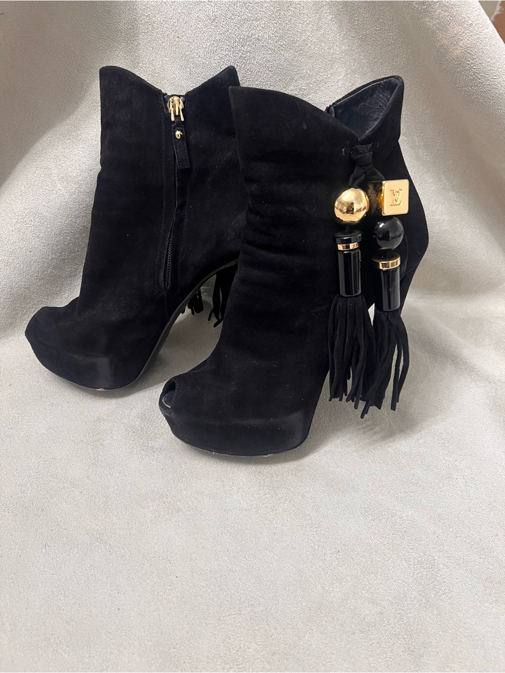 Louis Vuitton Black Suede Peep-Toe Tassel Ankle Boots